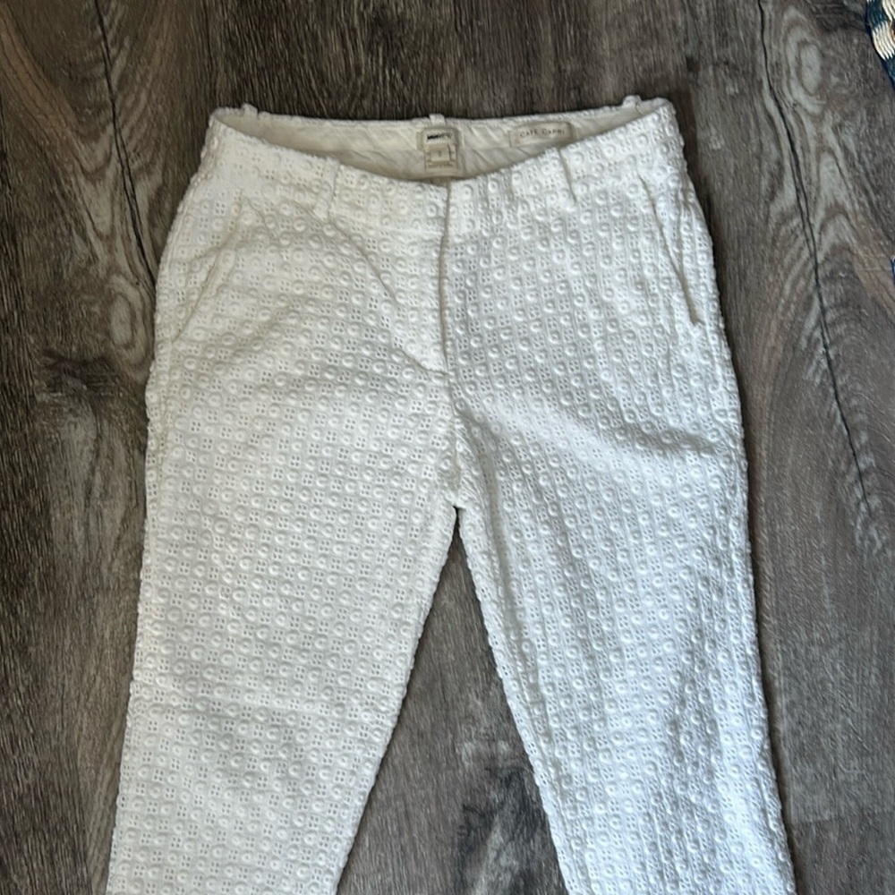 J. Crew White Embroidered Eyelet Pants Straight Leg Capri Slash Pockets Size 2